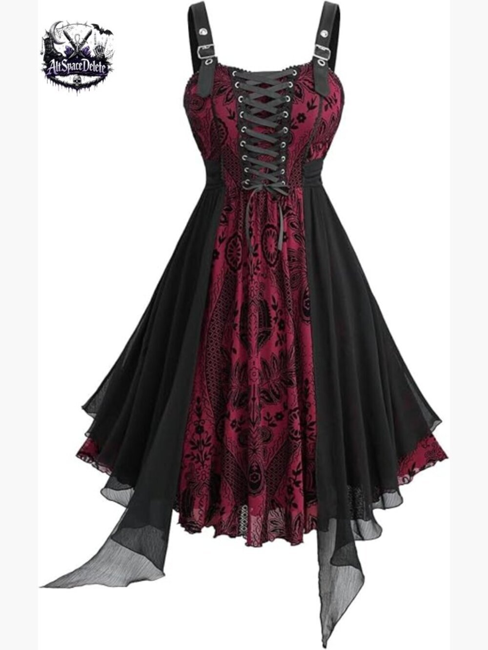 Plus Size Vintage Gothic Floral Lace-Up Midi Dress Sleeveless Backless